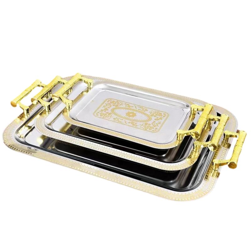 Serving Tray Manufacturer - Stainless Steel Silver Rectangular with Handles Arabic Style