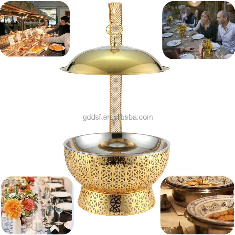 Food Warmer Manufacturer - 8.0L Gold Stainless Steel Round Chafing Dish for Hotel Wedding Banquet