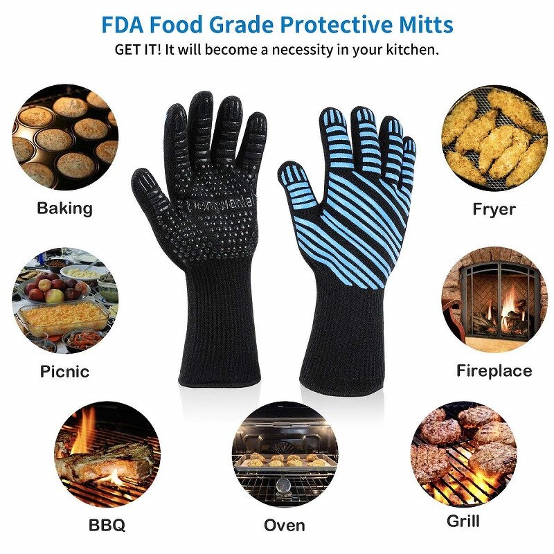 BBQ Gloves Manufacturer - Double Layer Blue Black Color Fireproof Fiber Silicone Double Oven