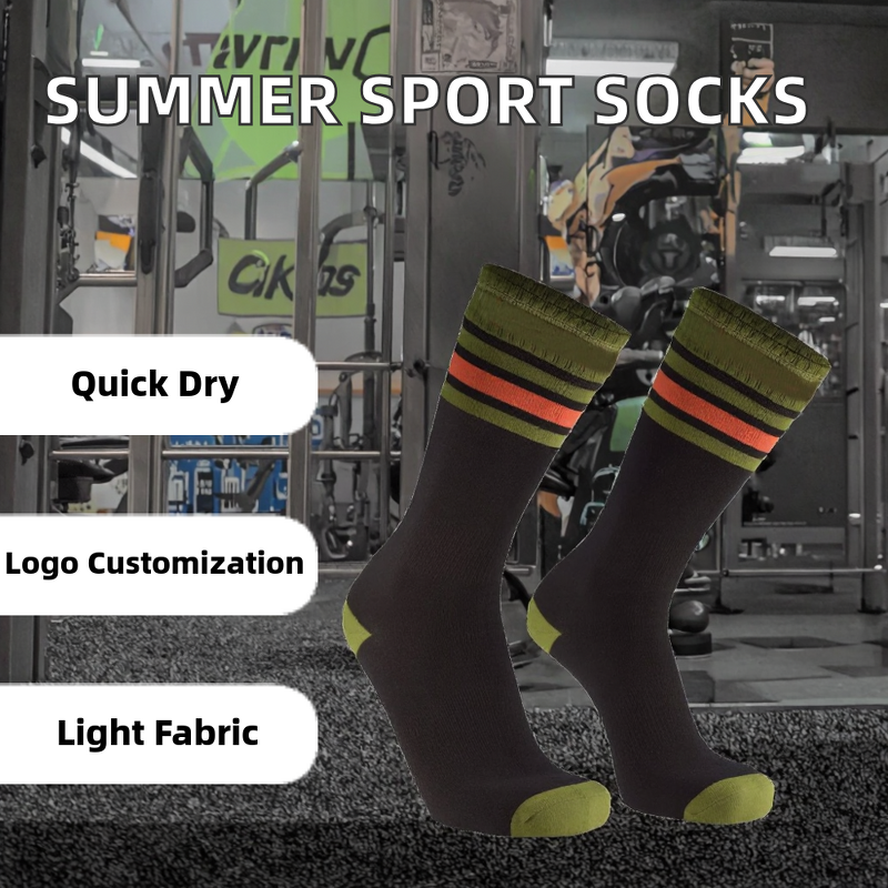 Sports Socks Manufacturer - Fluorescent Green Striped Crew Thin Digital Printing Waterproof