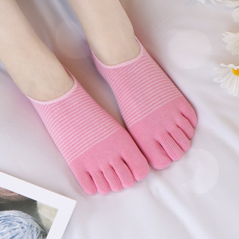 Toe Socks Manufacturer - Wholesale Cotton 5-Toe No Show for Women Cute Stripe Design Bottom