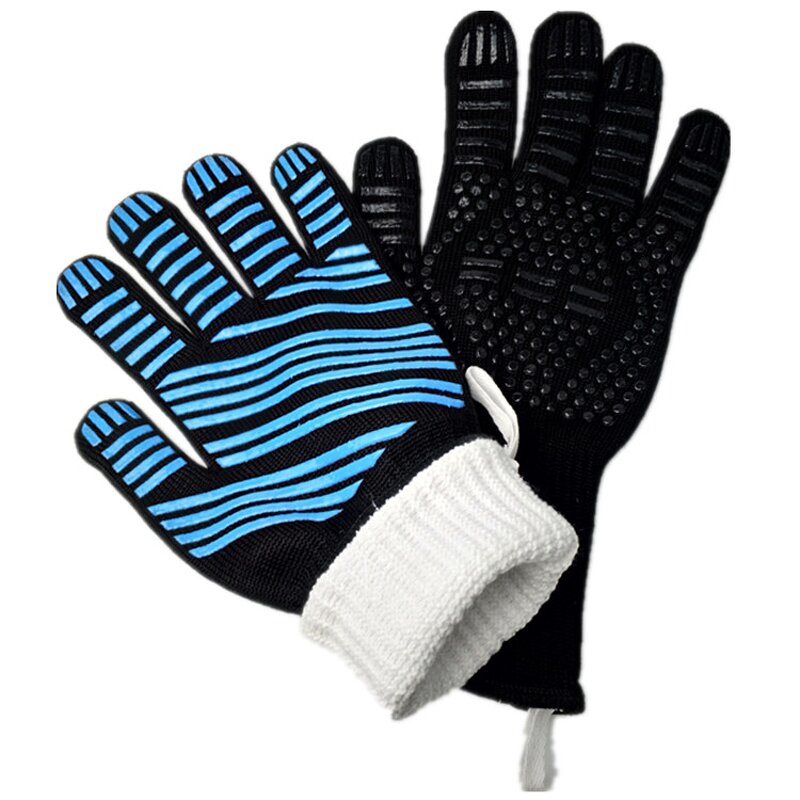 BBQ Gloves Manufacturer - Double Layer Blue Black Color Fireproof Fiber Silicone Double Oven
