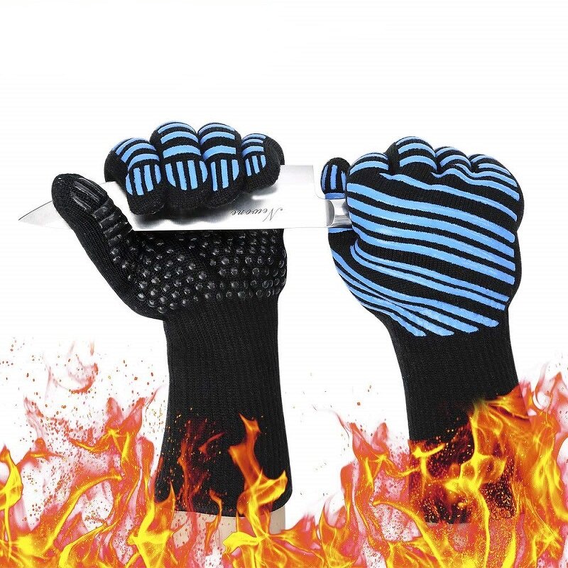 BBQ Gloves Manufacturer - Double Layer Blue Black Color Fireproof Fiber Silicone Double Oven