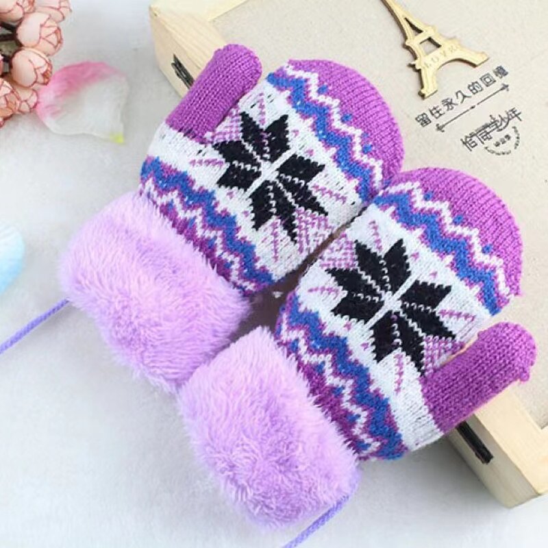 Winter Gloves Manufacturer - Jacquard Knitted Double Layer for Kids Warm Fingerless Fur Mittens