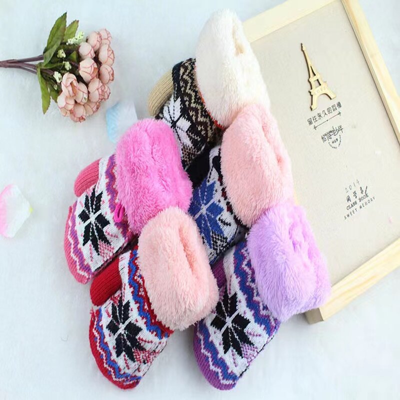 Winter Gloves Manufacturer - Jacquard Knitted Double Layer for Kids Warm Fingerless Fur Mittens