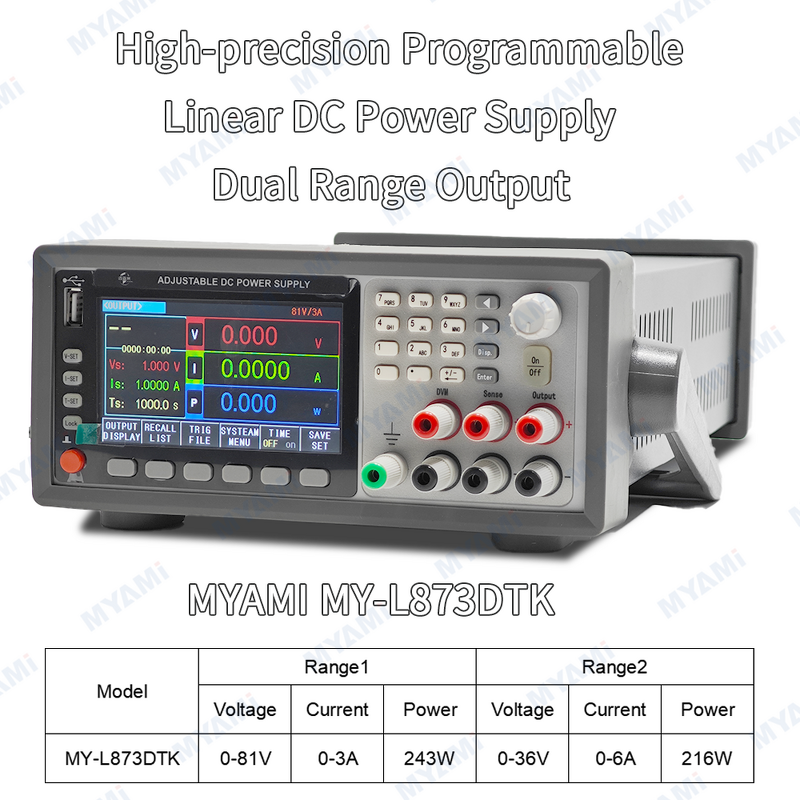 DC Power Supply Manufacturer - MY-L873DTK Linear Bench Programmable Adjustable Dual Range 36V/6A/216W 81V/3A/243W LCD