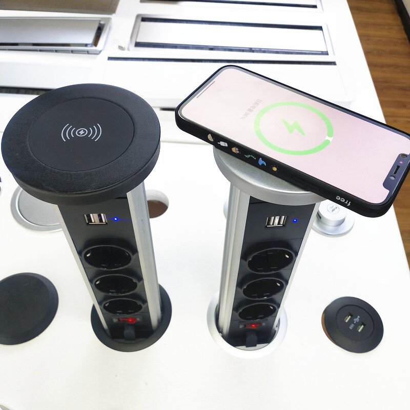 80mm Hidden Kitchen Counter Manual Pop-up Socket Manufacturer - EU Power Outlet Tower USB LED Socket Tabletop Wireless Charging Socket