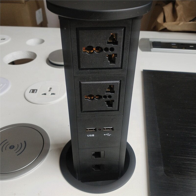 Automatic Pneumatic Hydraulic Tabletop Kitchen Pop-up Tower Socket Manufacturer - 2 Universal Socket 2 Cat6 Data Port 2 USB Charging
