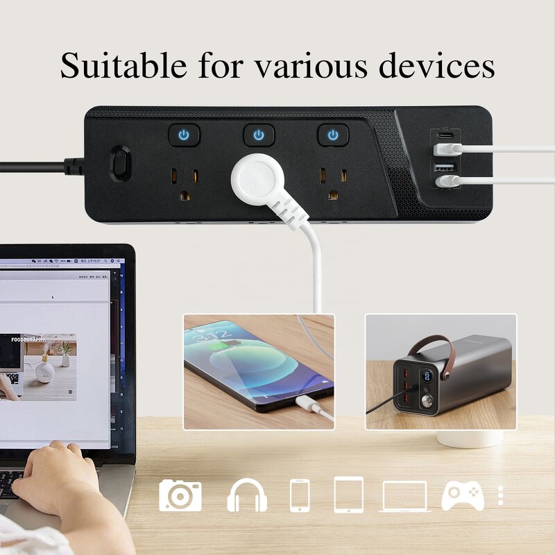 White Black US Standard Power Socket Manufacturer - PD20W QC3.0 Quick Charger with Overload and Independent Switch Multiprotection Power Strip