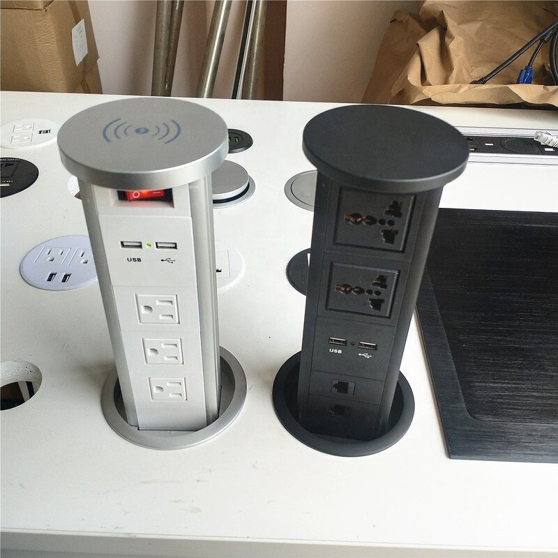 Automatic Pneumatic Hydraulic Tabletop Kitchen Pop-up Tower Socket Manufacturer - 2 Universal Socket 2 Cat6 Data Port 2 USB Charging