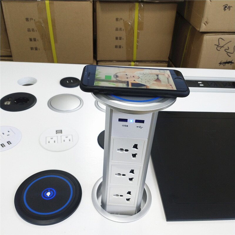 100MM 15W Fast Wireless Charger Manufacturer - Universal Power Outlet Hidden in Tabletop Kitchen Worktop Motorized Pop-up Tower Socket