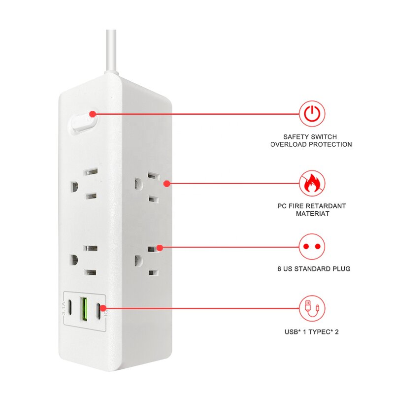 Multi Plug Universal US Standard Extension Socket Manufacturer - Power Outlet Sofa Cube 6 AC Outlets 2 TYPE-C Ports 1 USB Ports with Switch
