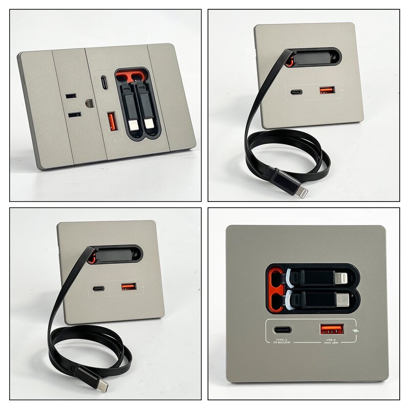Panel Electrical Wall Multi Plug Socket Manufacturer - PC Plate Grey Color Hospital Use Retractable Cable 16A Rated Current USB Socket