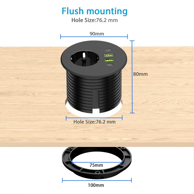 Flush Mount Recessed Desk Outlet Manufacturer - 3-inch Hole 65W USB-C High-Speed Charging Station Desktop Round Power Grommet Socket