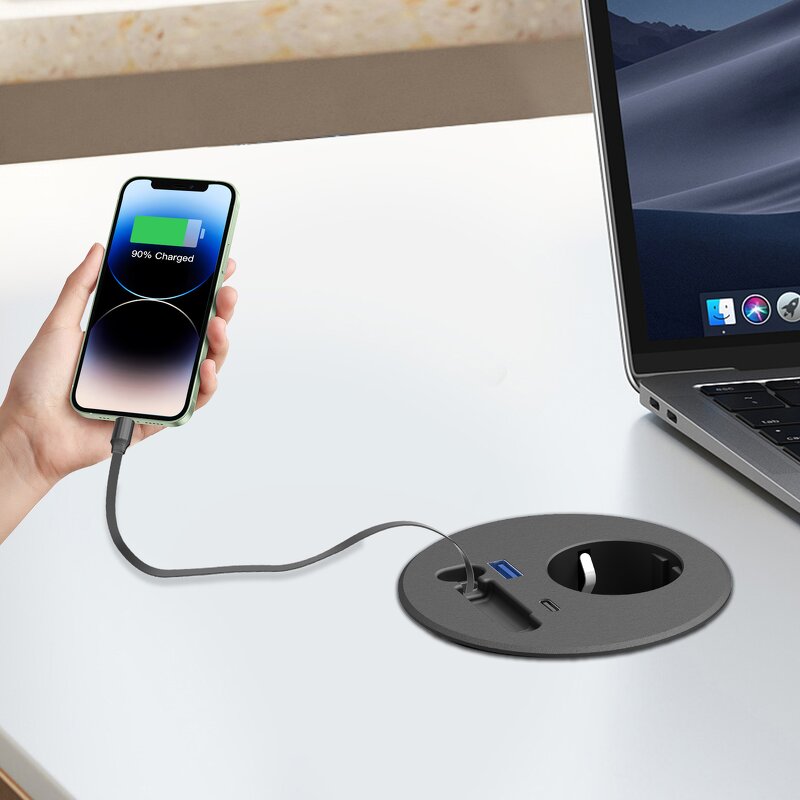 Industrial Office Desk Multi Socket Charger Manufacturer - Latest Models Retractable Cable PD20W Type-C EU Plug ABS Desktop Power Grommet