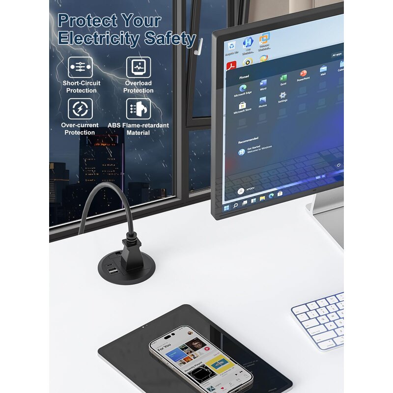 ETL American Embedded Desktop Power Grommet Manufacturer - 80mm Office Desk Surface Mount Power Socket Desk Power Grommet Outlet