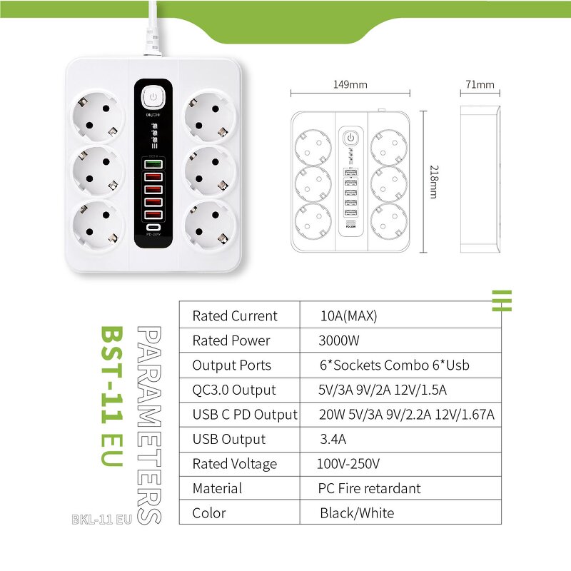 High Power Universal Outlet Manufacturer - All Outlets Can Be Customized 65W USB Rapid Charger Type-C Extension Power Strip