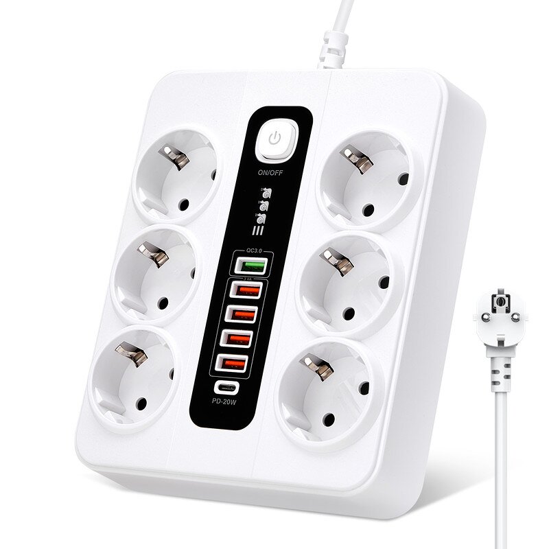 Surge Protector EU Power Outlet Manufacturer - 6 AC Outlet 6 USB Port Power Strip Charging Station Extension Socket for Home Office