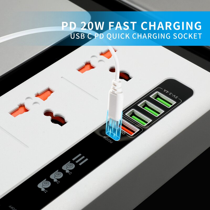 Universal Power Strip Receptacle Manufacturer - PD20W QC3.0 Charger Surge Protector Power Outlet with USB 4 Sockets Type-C Extension Receptacle