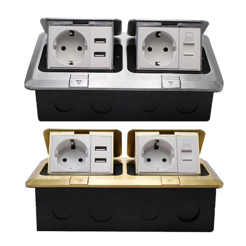 3F Series Aluminum/Cropper Panel Pop-up Floor Socket Manufacturer - EU Standard Power Double Outlet 2 USB With Phone Port RJ45 Internet Jack
