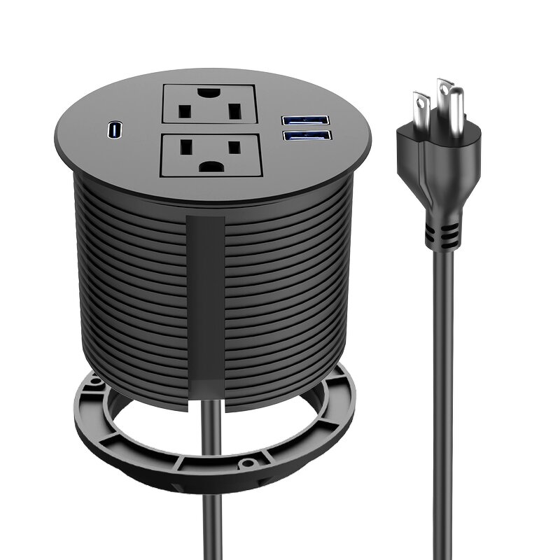 Round Recessed Desktop Power Grommet Socket Manufacturer - 125V NFC Network 2 AC Outlets 1 PD18W USB-C Flush Mount Desk Outlet NFC Technology