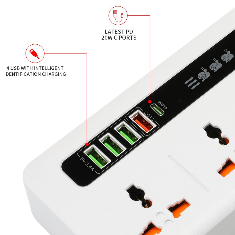 Universal Power Outlet Manufacturer - PD20W QC3.0 Charger Surge Protector Power Strip with USB 4 Outlet Power Socket Type-C Extension Socket