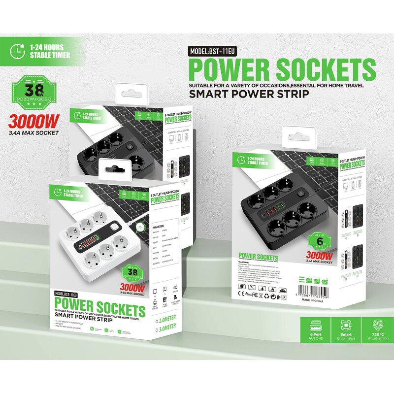 Surge Protector EU Power Outlet Manufacturer - 6 AC Outlet 6 USB Port Power Strip Charging Station Extension Socket for Home Office