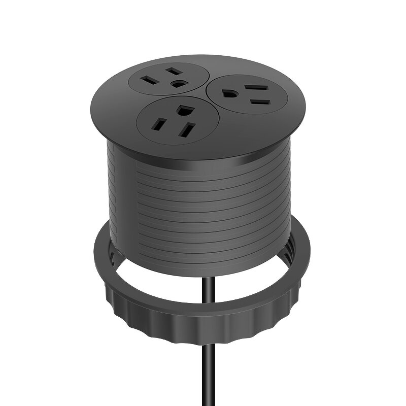 80mm Black Flush Mounting Desk Plug Socket Manufacturer - 110V 10A 3 US Power Outlets Built-in Desk Charging Grommet Socket