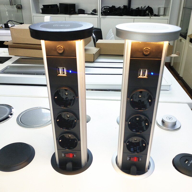 80mm Hidden Kitchen Counter Manual Pop-up Socket Manufacturer - EU Power Outlet Tower USB LED Socket Tabletop Wireless Charging Socket