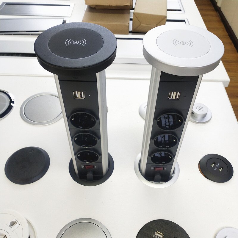 80mm Hidden Kitchen Counter Manual Pop-up Socket Manufacturer - EU Power Outlet Tower USB LED Socket Tabletop Wireless Charging Socket