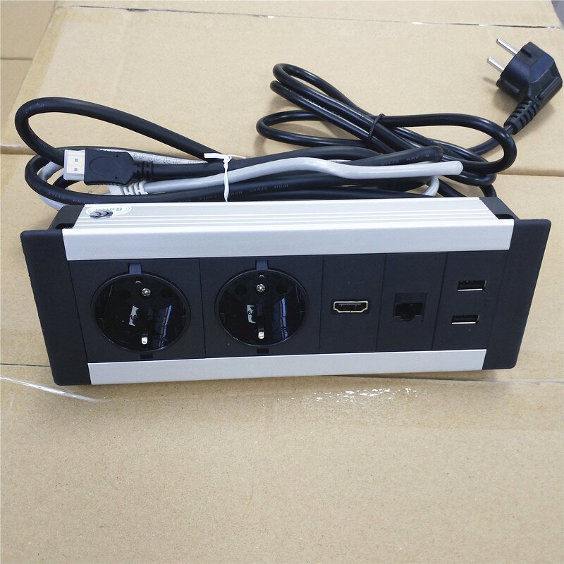 Aluminum Alloy Multimedia Built-in Conference Table Data Socket Box Manufacturer - Office Desk EU Power Outlet with Data RJ45 Cat6 USB Port