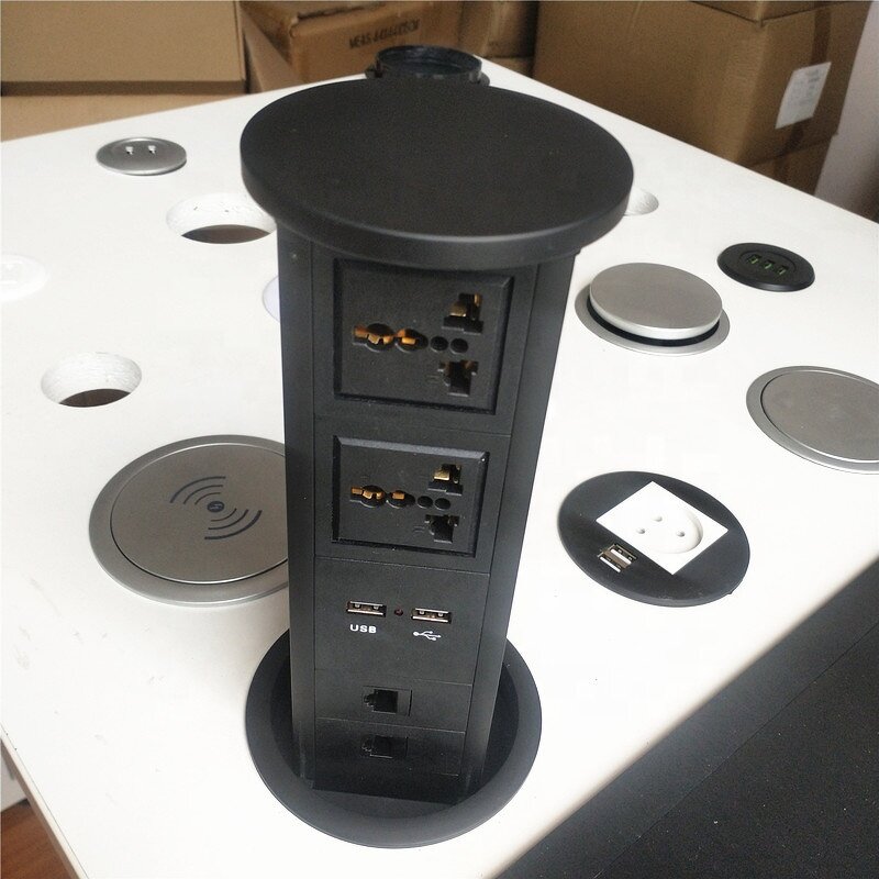 Automatic Pneumatic Hydraulic Tabletop Kitchen Pop-up Tower Socket Manufacturer - 2 Universal Socket 2 Cat6 Data Port 2 USB Charging