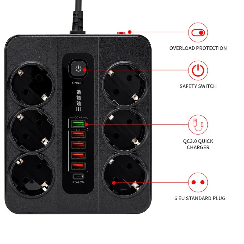 High Power Universal Outlet Manufacturer - All Outlets Can Be Customized 65W USB Rapid Charger Type-C Extension Power Strip
