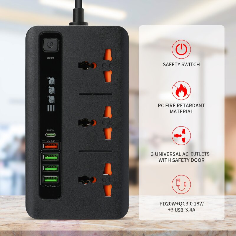 Universal Power Outlet Manufacturer - PD20W QC3.0 Charger Surge Protector Power Strip with USB 4 Outlet Power Socket Type-C Extension Socket