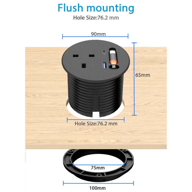 80mm Hidden Mounted UK Power Desktop Socket Manufacturer - Round Grommet with PD20W USB-C Fast Retractable Charging Cable for Home Office