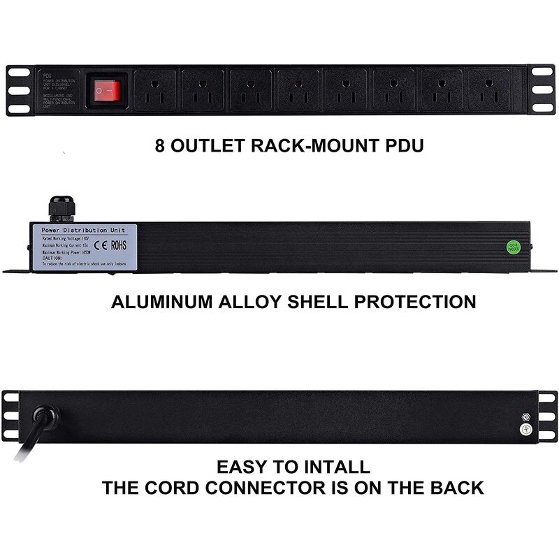 US Plug Power Strip Surge Protector Manufacturer - Rack-Mount PDU 8 Right Angle Outlets Wide-Spaced 8-Outlet Metal Power Strip Surge Protector