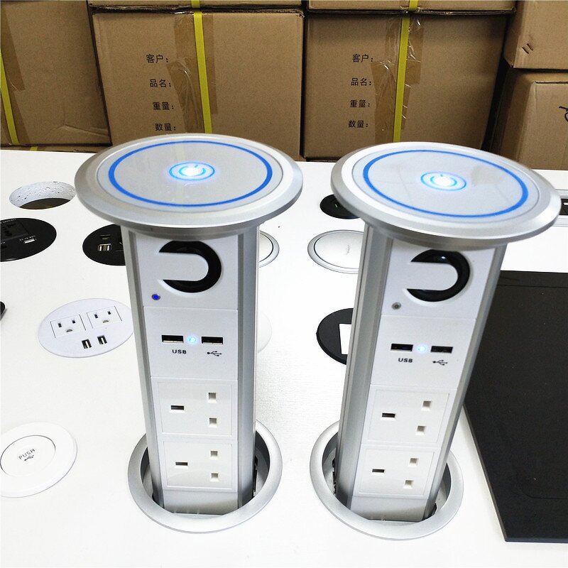UK Plug Intelligent Motorized Pop-up Desktop Socket Manufacturer - with Speaker Top Wireless Charger Smart Electric Kitchen Pop-up Socket