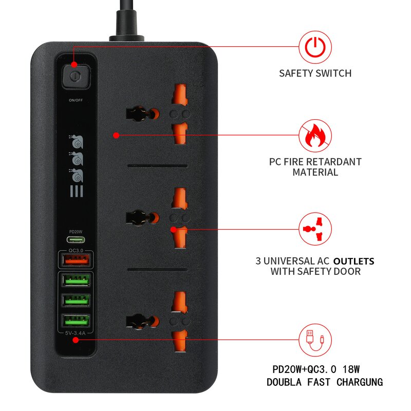 Universal Power Outlet Manufacturer - PD20W QC3.0 Charger Surge Protector Power Strip with USB 4 Outlet Power Socket Type-C Extension Socket