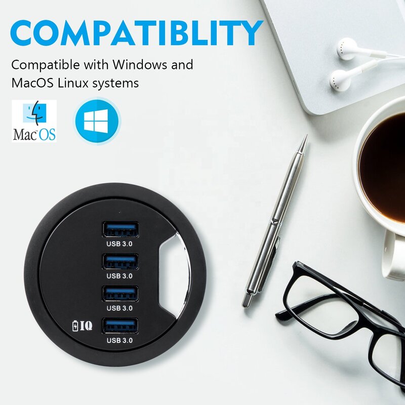 Hidden in Table Smart 4-Port USB3.0 Hub Manufacturer - Round Shape Super Speed 5Gbps Built-in Desk 4 Port USB 3.0 Hub Cable Wire Grommet Box