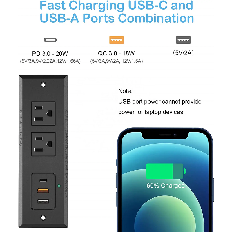 Recessed Power Strip Manufacturer - 20W USB-C Port Fast Charging USB-A Port Desk Outlet Furniture Hidden Charging Station for Side Table