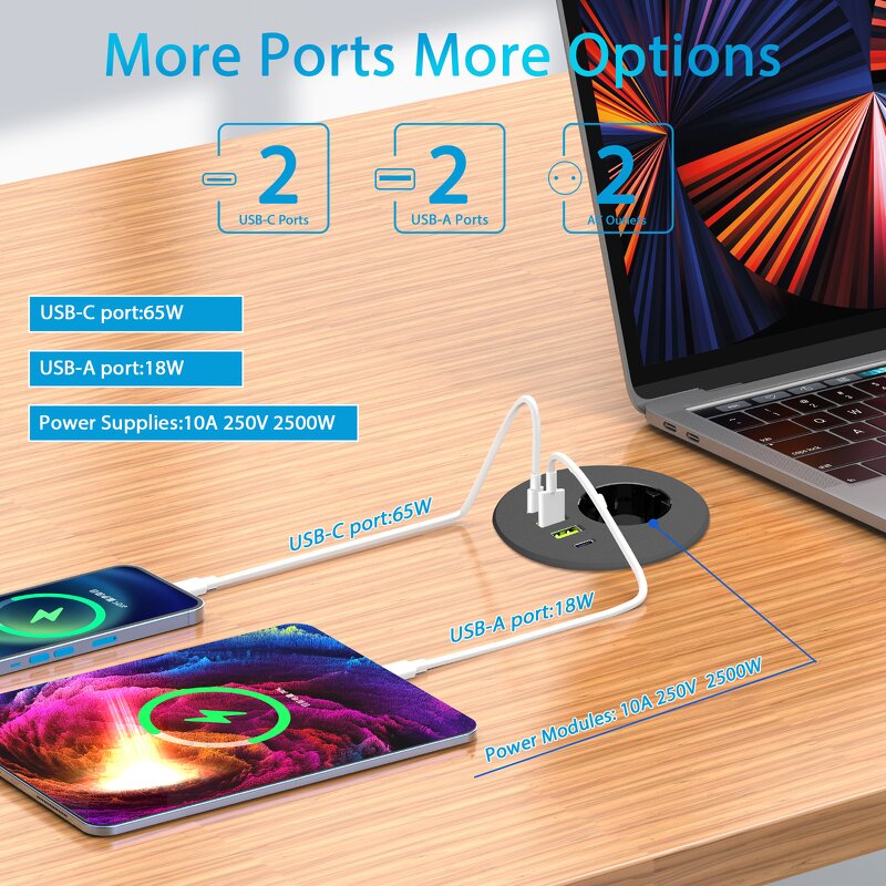 Flush Mount Recessed Desk Outlet Manufacturer - 3-inch Hole 65W USB-C High-Speed Charging Station Desktop Round Power Grommet Socket