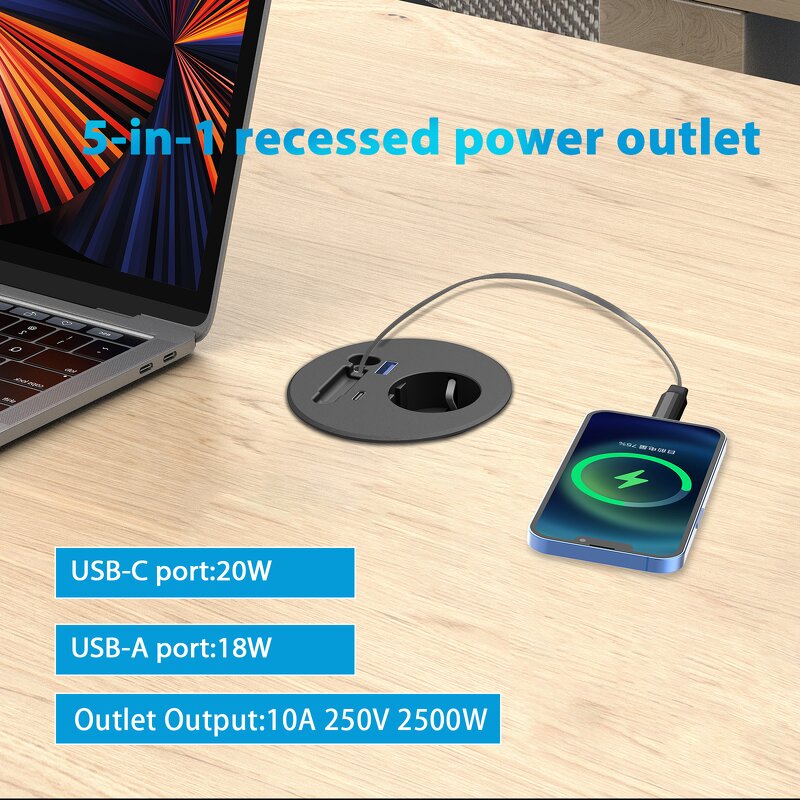 Industrial Office Desk Multi Socket Charger Manufacturer - Latest Models Retractable Cable PD20W Type-C EU Plug ABS Desktop Power Grommet