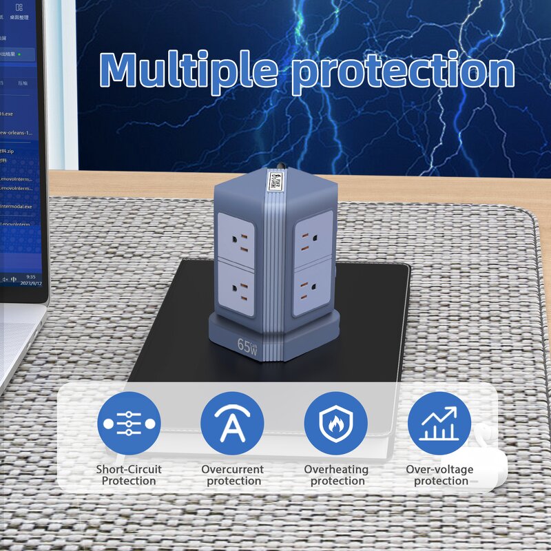 65W Desktop Extension Tower Socket Manufacturer - New Style 8 Way Outlet Surge Protector Vertical Power Strip with 4 USB Ports