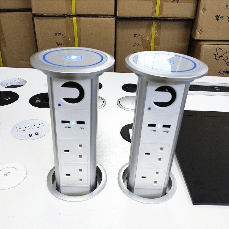 UK Plug Intelligent Motorized Pop-up Desktop Socket Manufacturer - with Speaker Top Wireless Charger Smart Electric Kitchen Pop-up Socket