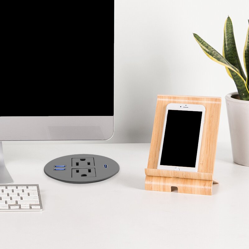 Round Recessed Desktop Power Grommet Socket Manufacturer - 125V NFC Network 2 AC Outlets 1 PD18W USB-C Flush Mount Desk Outlet NFC Technology