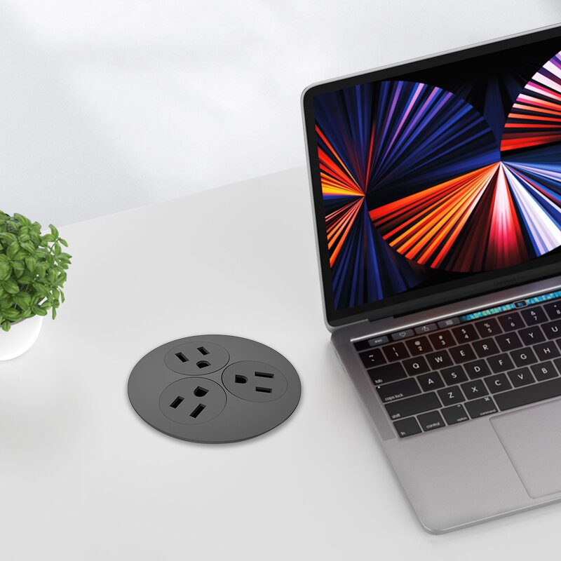 80mm Black Flush Mounting Desk Plug Socket Manufacturer - 110V 10A 3 US Power Outlets Built-in Desk Charging Grommet Socket