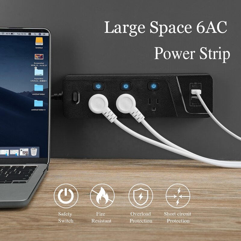 White Black US Standard Power Socket Manufacturer - PD20W QC3.0 Quick Charger with Overload and Independent Switch Multiprotection Power Strip