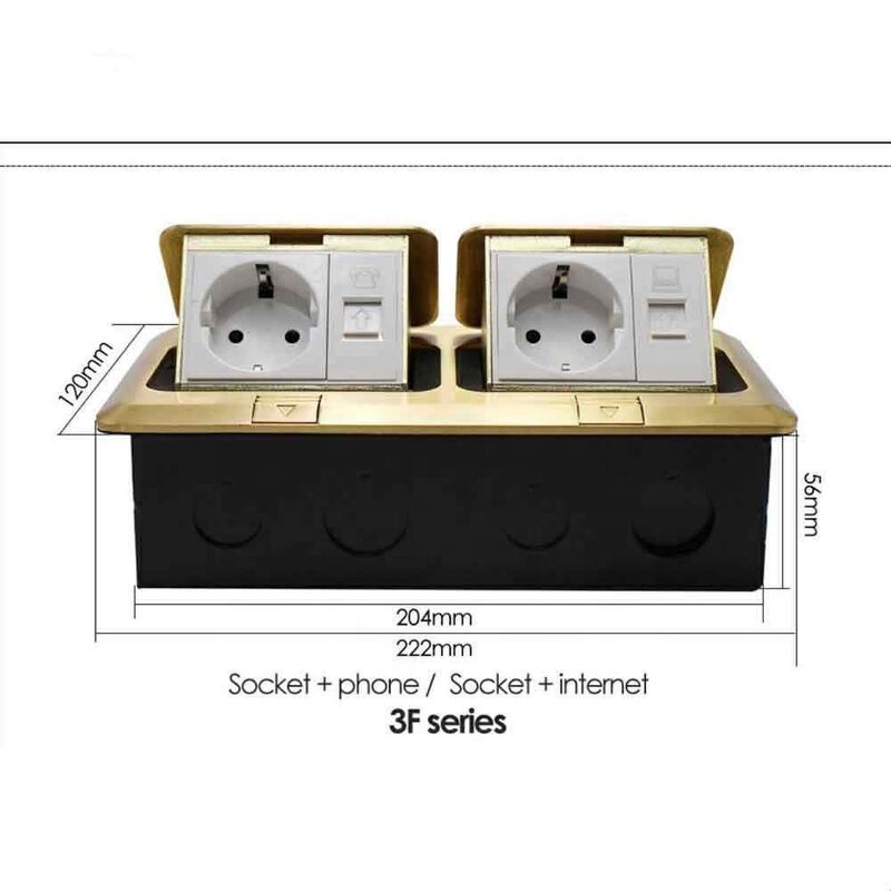 3F Series Aluminum/Cropper Panel Pop-up Floor Socket Manufacturer - EU Standard Power Double Outlet 2 USB With Phone Port RJ45 Internet Jack
