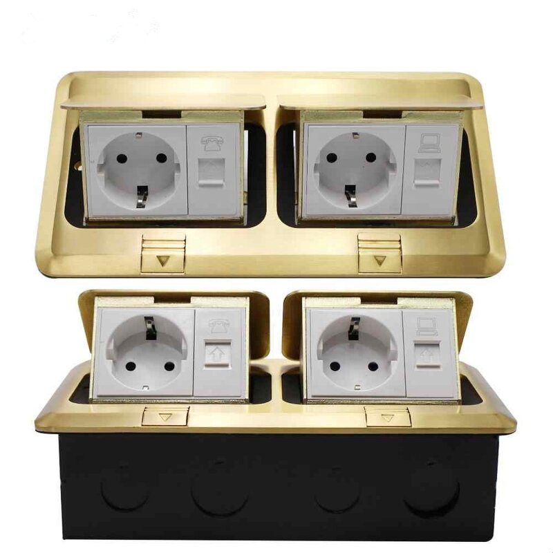 3F Series Aluminum/Cropper Panel Pop-up Floor Socket Manufacturer - EU Standard Power Double Outlet 2 USB With Phone Port RJ45 Internet Jack