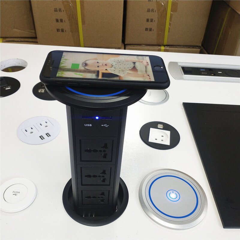 100MM 15W Fast Wireless Charger Manufacturer - Universal Power Outlet Hidden in Tabletop Kitchen Worktop Motorized Pop-up Tower Socket